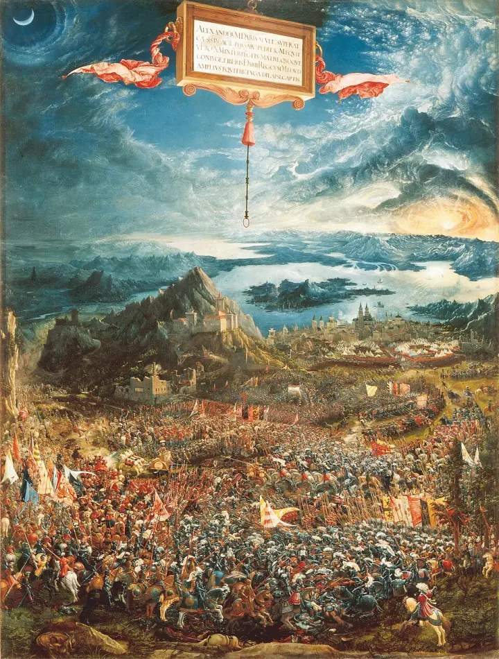 Altdorfer's Battle of Alexander at Issus, with a vast swirling sky over the armies