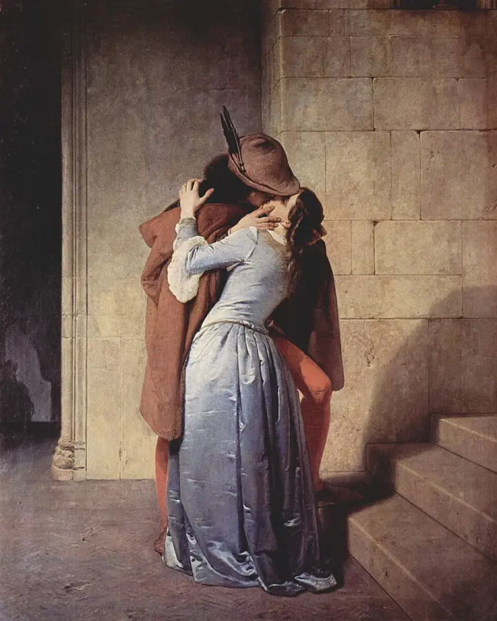 Hayez's The Kiss: a couple embracing on a stone staircase
