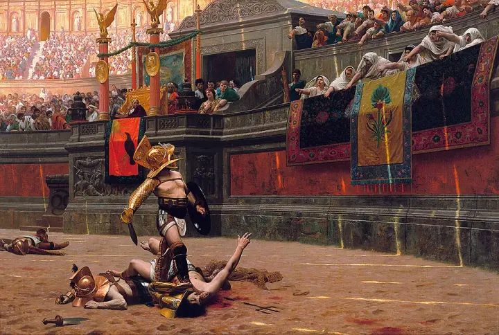 Gérôme's Pollice Verso: a gladiator standing over his opponent in the arena
