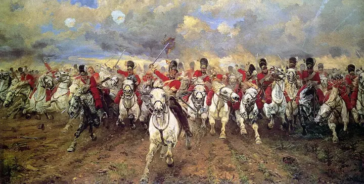 Lady Butler's Scotland Forever!: grey horses charging straight at the viewer